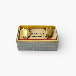 Vintage 1940s Castle Cufflinks Gold Tone Art Deco Octagon Mens Jewelry Original